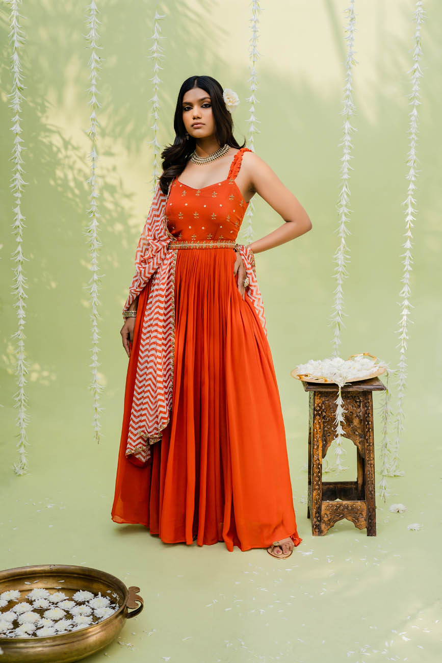 Embroidered Red Orange Anarkali Suit